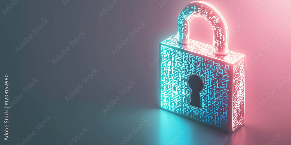 Poster digital lock concept with glowing neon colors and intricate circuit patterns symbolizing cybersecuri