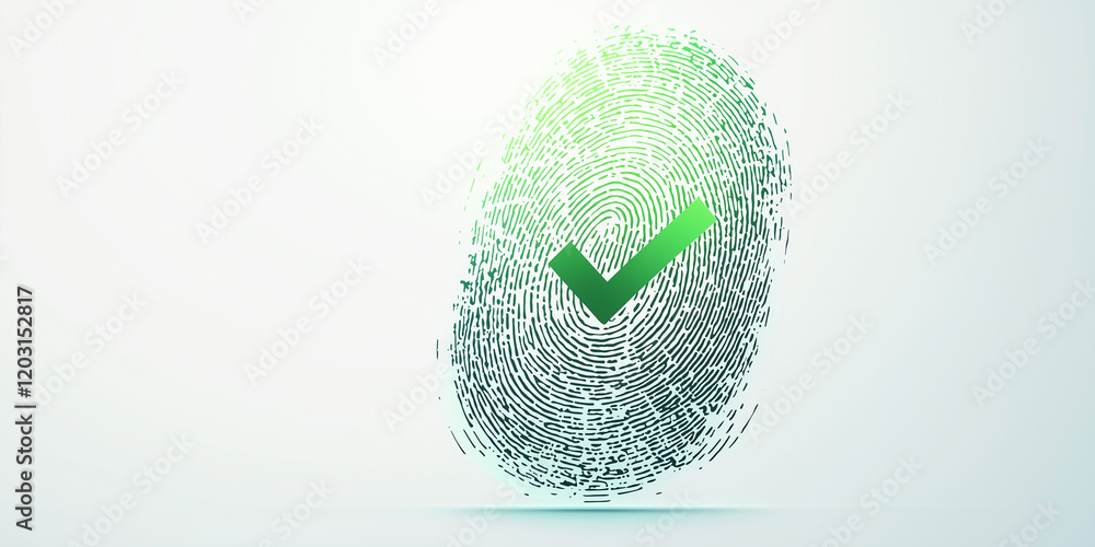 Poster green check mark inside abstract fingerprint design symbolizing security, verification, identity, an