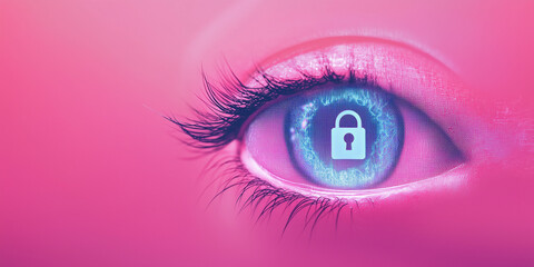 Close-up of an eye with a digital lock symbol, showcasing the concept of security, privacy, technology, and future innovation in a vibrant pink and blue gradient background