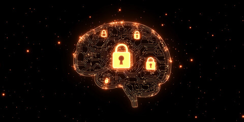 Illustration of a glowing human brain with digital circuits and padlocks representing...