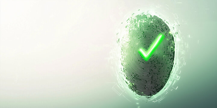 Digital fingerprint with glowing green check mark symbolizing identity verification and security in modern technology and biometric authentication solutions - Powered by Adobe