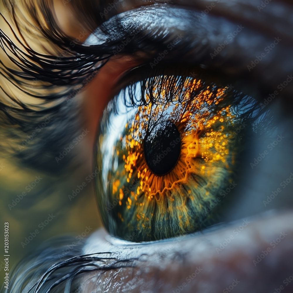 Poster macro shot of an eye with vivid reflections of trees and nature