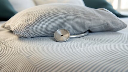 Close-up of a modern stethoscope resting on a neatly arranged pillow in a bright bedroom setting