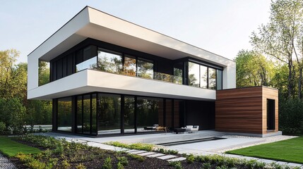 Modern Architecture House with Large Windows and Wooden Facade