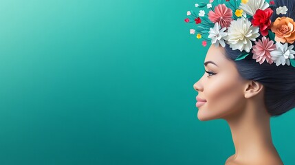 Serene woman profile adorned vibrant floral crown teal background. AI Generated