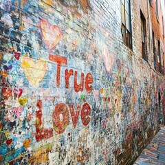 Colorful graffiti on a brick wall expressing love.