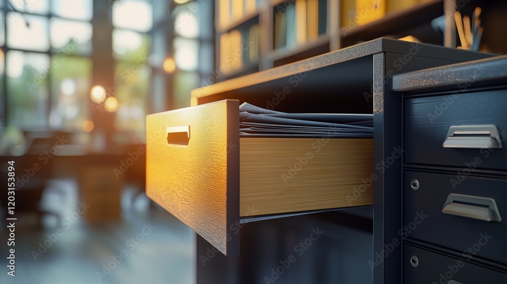 Poster modern office workspace with open drawer and documents inside