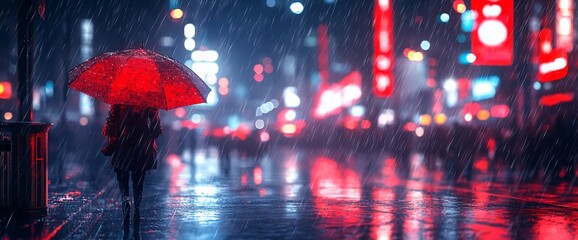 Solitary figure with red umbrella in rainy city at night.