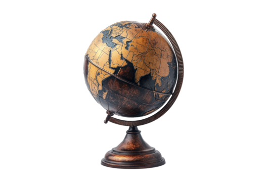 Vintage globe on a wooden stand showcasing continents and oceans with intricate details visible