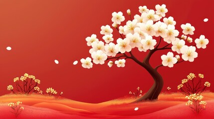 Serene Blossom Tree on Red Landscape Minimalist Asian-Inspired Art