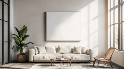 A mockup of an empty, blank white canvas, hanging on the wall in an open room with large windows and sunlight streaming through.