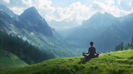 Person Meditating in Mountainous Landscape