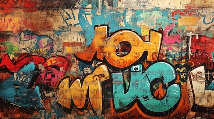 Obraz premium Vibrant Graffiti Art on a Weathered Brick Wall, Colorful Urban Street Art Texture