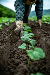 Farmer planting seedlings in rich soil.