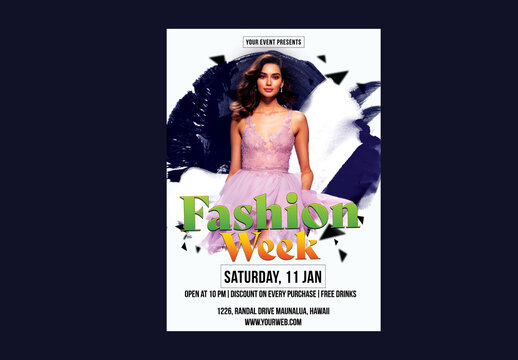 Fashion Week Flyer with Elegant Female Model.