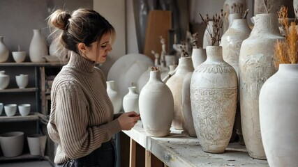 Skilled artisan crafting unique pottery in a serene studio filled with beautiful ceramic pieces