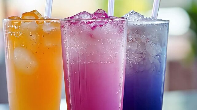 Three colorful drinks in glasses with straws in them