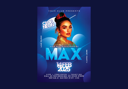 Max Night Party Poster with Stunning Woman in Golden Dress.