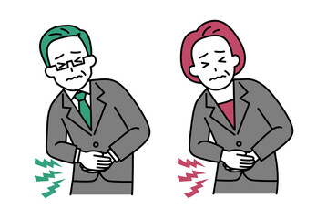 腹痛がつらい中年のスーツの男女　セット