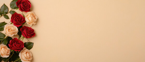 Red and cream roses with green leaves arranged on beige background, creating floral border design