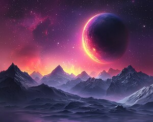 Alien planet rising over snowy mountains at night.