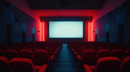 Fototapeta premium People in the cinema auditorium with Cinema blank wide screen and red chairs in the cinema hall,People silhouettes watching movie performance,empty white screen,space for text,copy space.