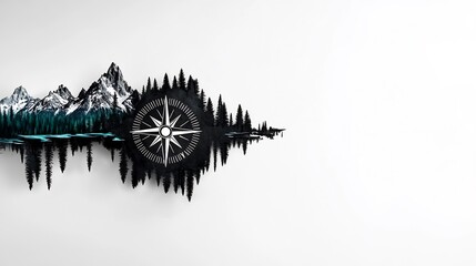 Fototapeta premium Serene Mountain Landscape Sound Wave Art Compass Design. AI Generated