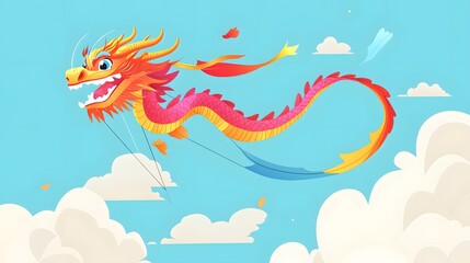 Celebratory dragon kite festival sky above digital illustration vibrant atmosphere aerial view cultural artistry