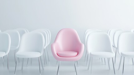Obraz premium A pink chair among white chairs on a plain background, the concept of being different or a leader in a team and business success, 3D rendering.