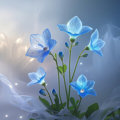 Spectral forget-me-nots bloom ethereally amidst swirling mist, their delicate blue petals glowing with an otherworldly light. Created with generative AI.