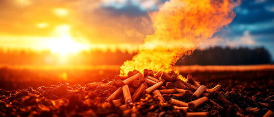 Sustainable biomass combustion event at sunset rural landscape image of co2 emissions natural environment low angle view eco-friendly concept