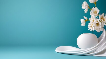 Serene Minimalist Still Life with White Flowers and Draped Fabric on Teal Background