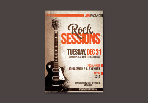 Rock Sessions Poster with Beautiful Black Guitar.
