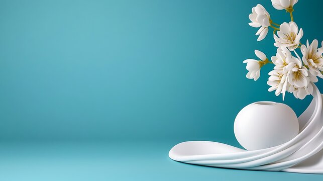 Serene Minimalist Still Life with White Flowers and Draped Fabric on Teal Background
