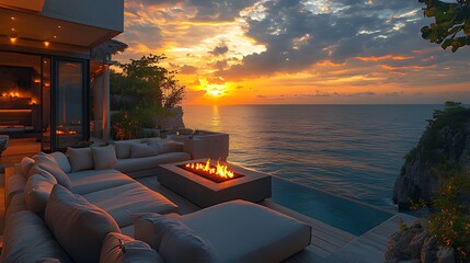 Fototapeta premium Oceanfront villa sunset fire pit luxury relaxation
