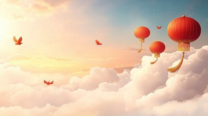 Fototapeta premium Serene Sky Chinese Lanterns Floating Amongst Clouds and Birds
