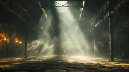 Light streams through an old barn illuminating dust particles in the air during the early morning hours