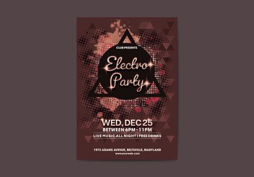 Electro Party Template with Neon Text on Abstract Triangles Brown Background.