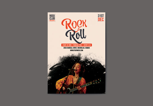 Rock and Roll Poster with Beautiful Female Singer with Mic and Guitar.