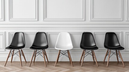 A white wall with five chairs in front of it, one white chair among four other black chairs.