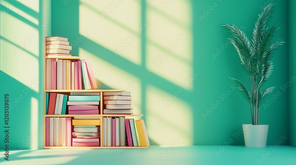 Poster 3d render of an elearning environment with books stacked next to a digital bookshelf set against a b