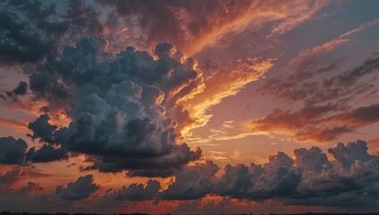 Fototapeta premium Beautiful sunset with clouds . A dramatic sunset with deep grey clouds and fiery orange tones fills the sky.