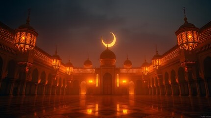 Naklejka premium Golden Mosque Night Scene Crescent Moon Warm Lighting