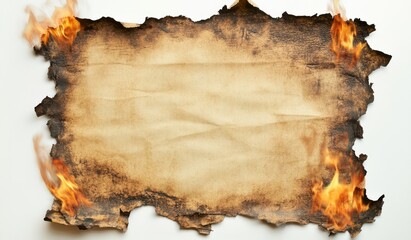old torn and burnt paper on a white background. It has been burnt on the edges.