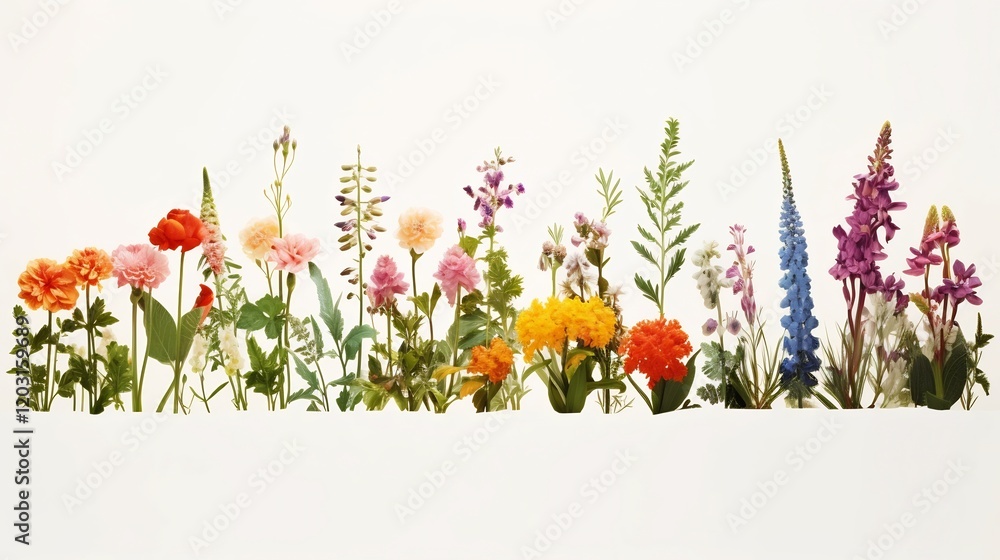 Poster twelve distinct flowers arranged in two horizontal rows against a clean white background creating a 