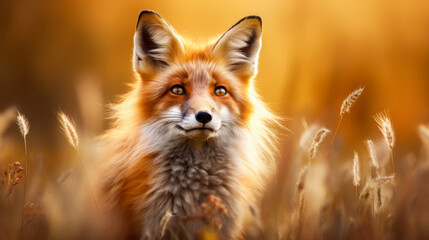 Obraz premium Vibrant red fox stands among golden grass in a serene natural setting during the early morning light with a peaceful expression on its face
