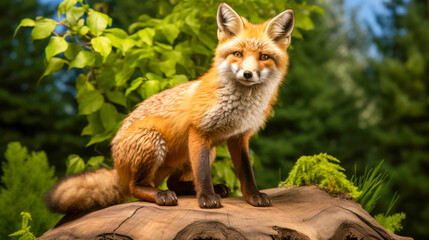 Obraz premium Red fox resting on a log surrounded by greenery in a forest setting during daylight hours