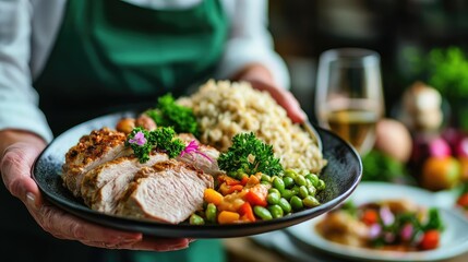 Woman serving delicious pork loin with rice and vegetables