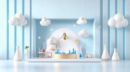 modern laboratory setup featuring colorful test tubes, flasks, and decorative elements in bright blue environment