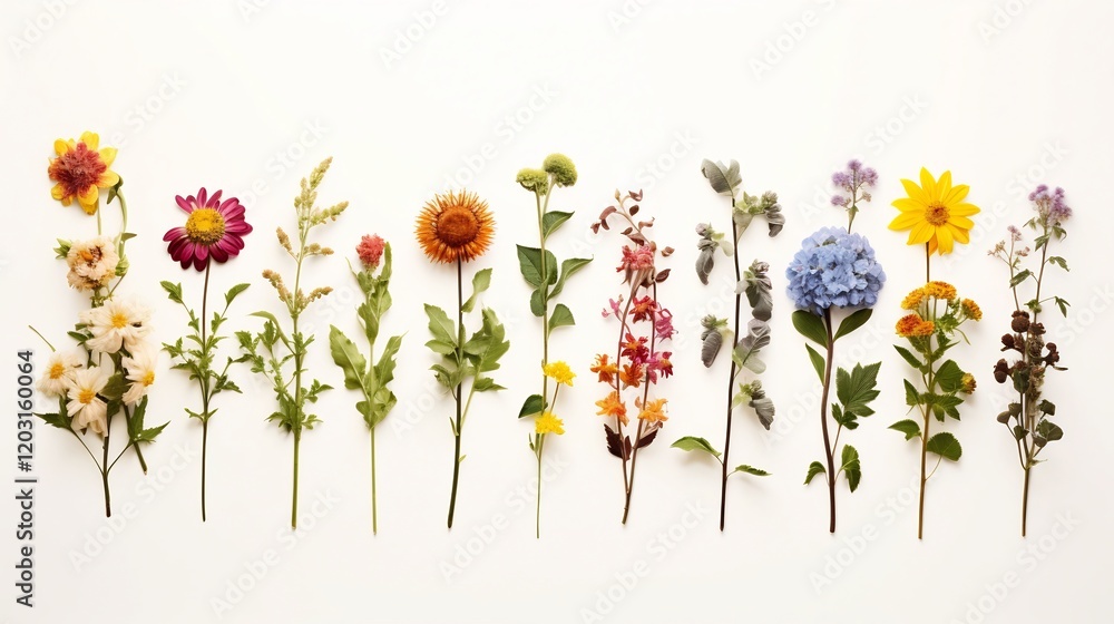 Poster stunning lineup of twelve unique and colorful flowers displayed in two neat rows against a pristine 